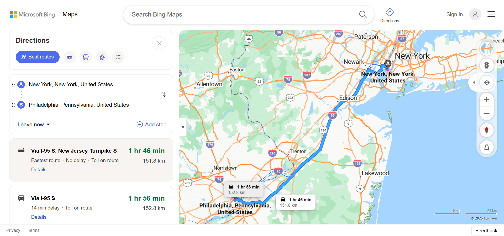 Bing Maps Driving Directions Interface